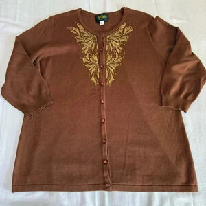Bob Mackie Wearable Art Knit Cardigan Sweater Brown Sequins Button Long sleeve L